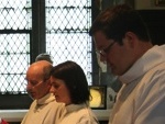 Pictured reading their declarations prior to their ordination to the Priesthood in Christ Church Cathedral are (right, background to foreground), the Revd Anne-Marie O'Farrell, the Revd Robert Lawson and the Revd Stephen Farrell. Also pictured are the Archbishop of Dublin, the Most Revd Dr John Neill and the Registrar, the Revd Canon Victor Stacey.
